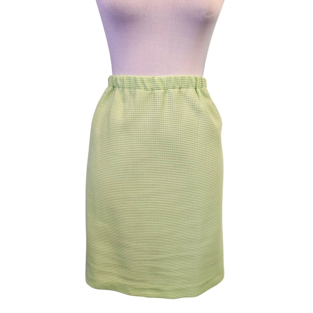 Vintage 70s Lime Green Textured Knit Poly Pencil Skirt Elastic Waist Mod M/L